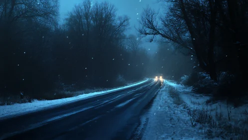 Car headlights cut through snowy forest road at night