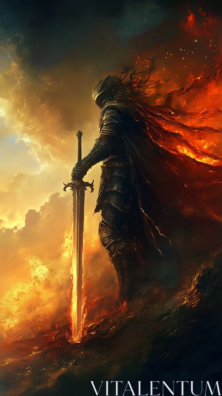 Flame-wreathed knight stands guard with blazing greatsword.