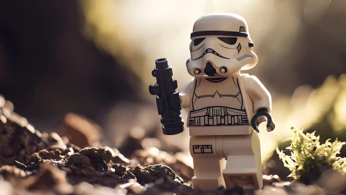 Lego stormtrooper minifigure stands on soil in soft sunlight