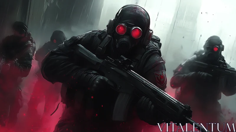 Cyberpunk tactical strike unit in red fog environment.