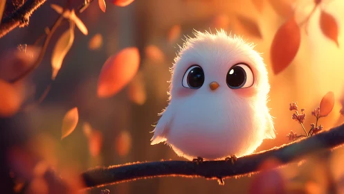 Adorable fluffy white baby bird on branch in warm autumn light.