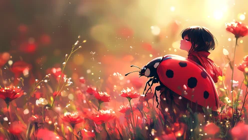 Sunlit child and giant ladybug dreaming in scarlet meadow.