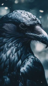 Close wet raven portrait in cool blue lighting during rain.
