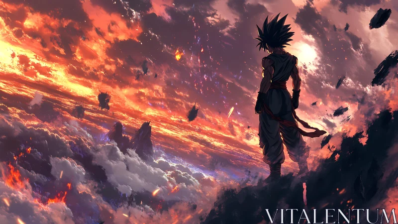 Solitary warrior overlooking a burning, storm-torn sky.