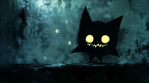 Silhouetted round creature with glowing eyes in dark setting.