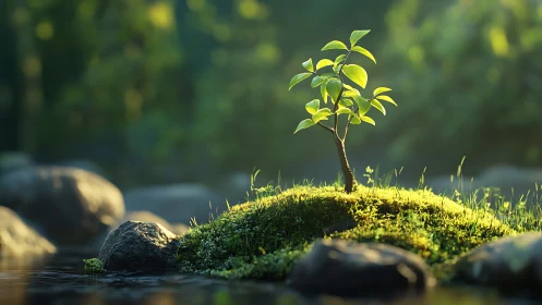 Sunlit sapling kingdom on a mossy river island of hope.