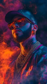 Portrait shows tattooed man in cap amid neon smoke lighting