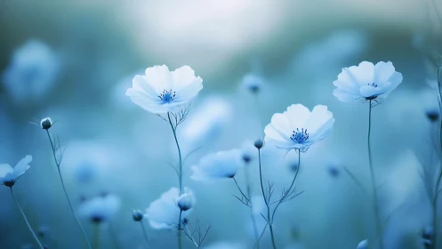 Delicate white flowers bloom in soft blue haze.