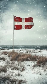 Weathered Danish flag over winter coast in snowfall.