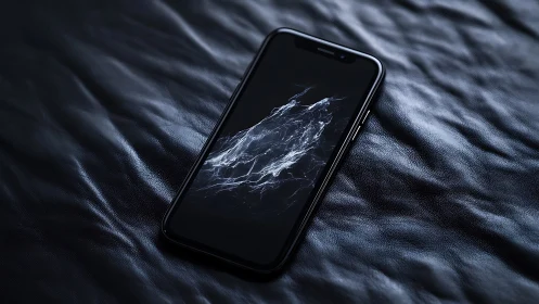Cool black smartphone rests calmly on rippled leather surface