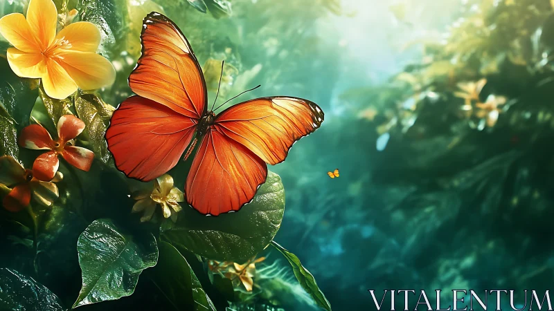 Digital painting of orange butterfly in glowing tropical foliage.