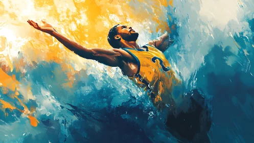 Basketball player rising with abstract blue and gold waves.