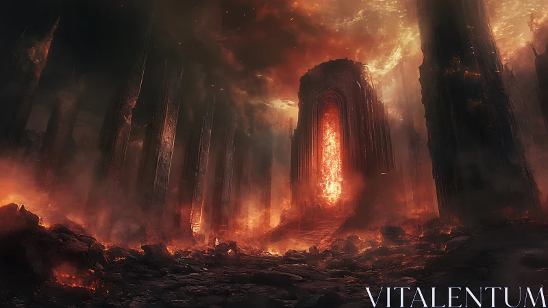 Infernal gateway amid towering obsidian ruins, ablaze.