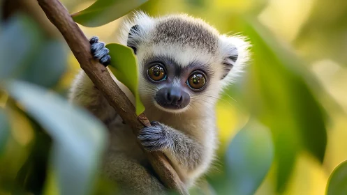Baby lemur clings to branch amid soft green bokeh forest.
