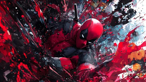 Kinetic splatter-field portrait of masked antihero in motion.