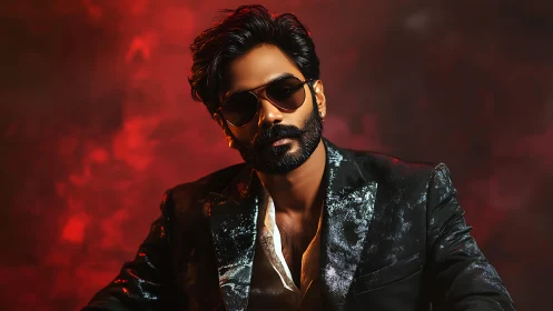 Bearded man in sunglasses against dramatic red backdrop.