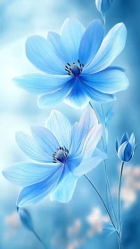 Blue cosmos flowers with delicate petals against sky background.