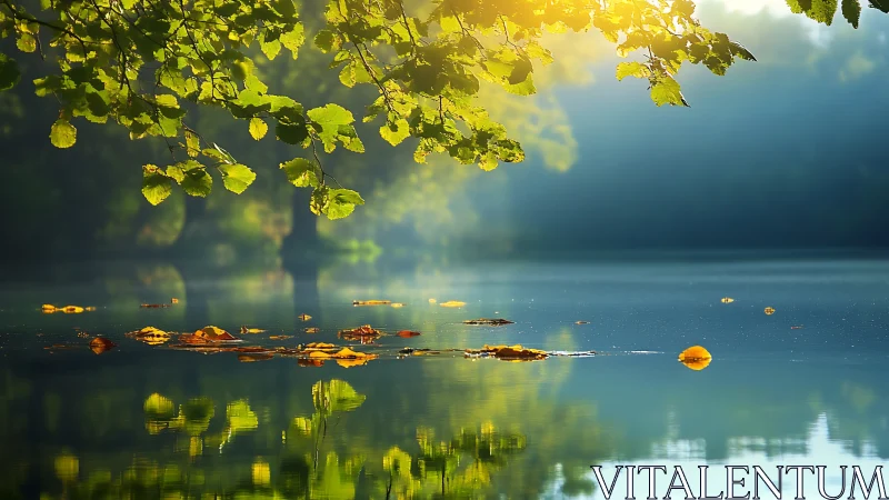 Golden morning sunlight glows over serene forest lake.