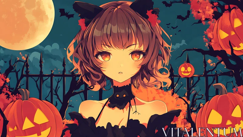 Spellbound cat-eared girl amid glowing Halloween night.