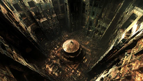 Ancient sunken chamber with a quiet, mysterious monument.