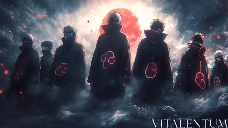 Dark cloaked warriors stand under blood-red eclipse moon.