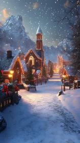 Snowy Christmas village street with lights and church tower
