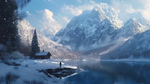 Quiet winter cabin beside mirror lake under soft mountains.