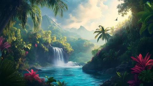 Tropical waterfall lagoon under diffused backlit sunrise glow