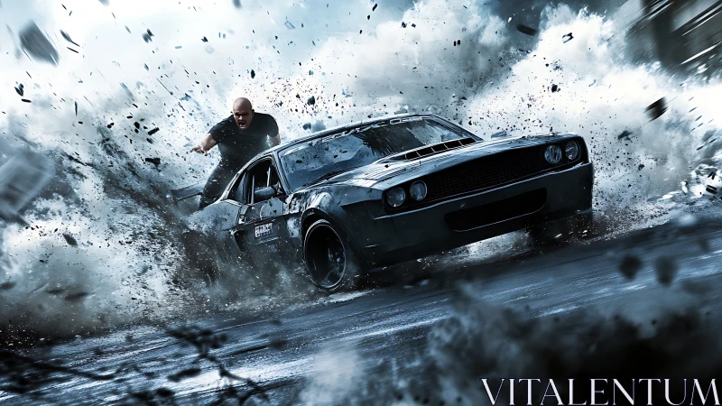 Muscle car drifts through debris field with driver exposed