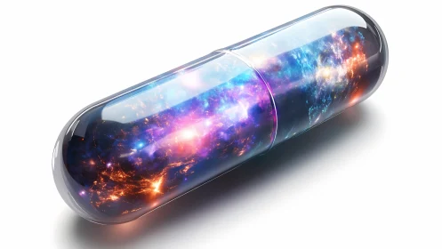 Transparent capsule containing abstract cosmic nebula imagery.