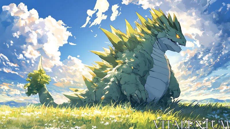 Sunlit meadow dragon lounges beneath booming summer skies