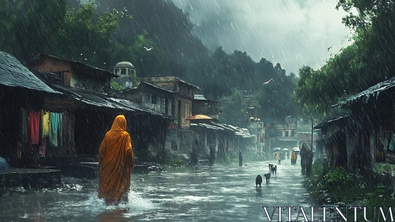 Monsoon-soaked village street with robed figure and strays