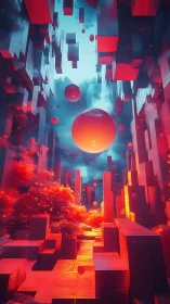 Geometric corridor with floating spheres and dense clouds.