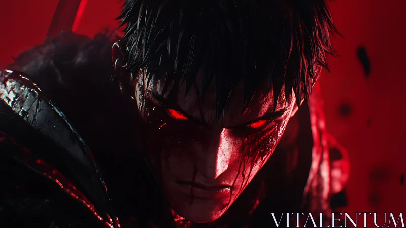 Digital close-up shows armored figure with glowing red eyes