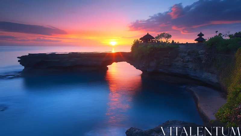 Sunset illuminates coastal rock arch and tranquil lagoon scene.