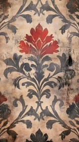 Weathered damask motif with bold red central flourish.