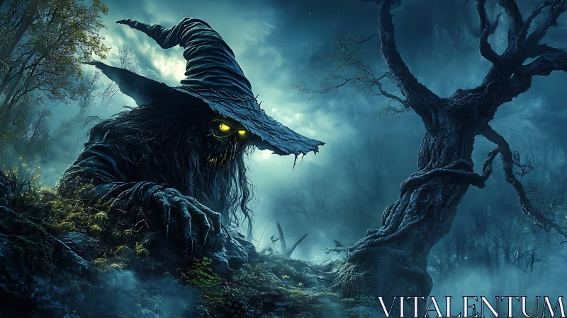 Nocturnal witch entity with glowing eyes in spectral forest