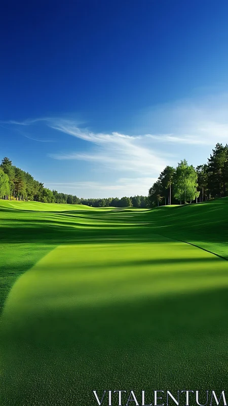 Sunlit golf fairway stretching under deep cobalt sky.