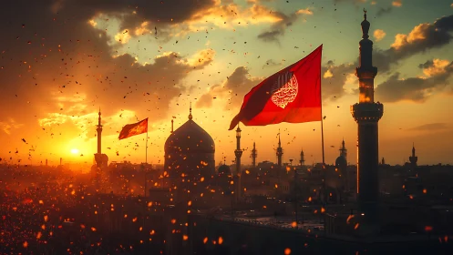 Sunlit shrine skyline with glowing embers and red flags.
