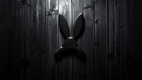 Black rabbit-shaped wall object on dark wooden boards.
