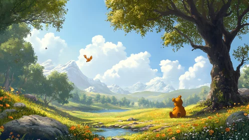 Gentle bear beneath oak tree in luminous alpine valley.