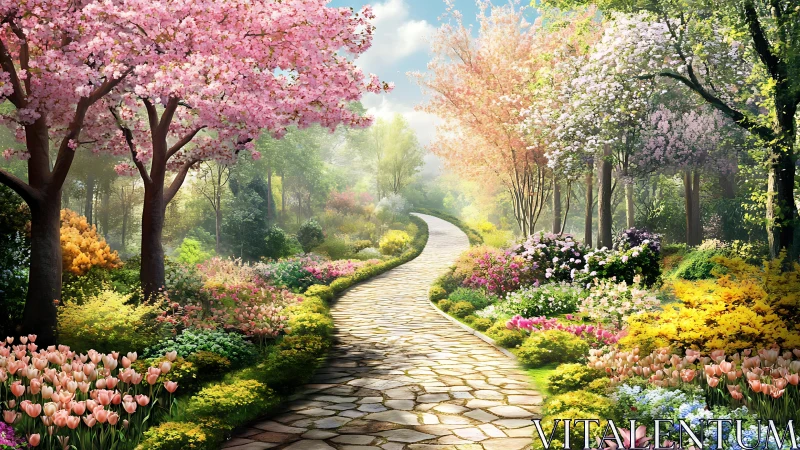 Spring garden pathway under blossoms and vivid flower borders.
