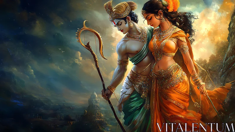 Divine warrior lovers ignite a stormlit celestial embrace.