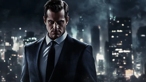 Brooding suited man dominates a stormy night cityscape.