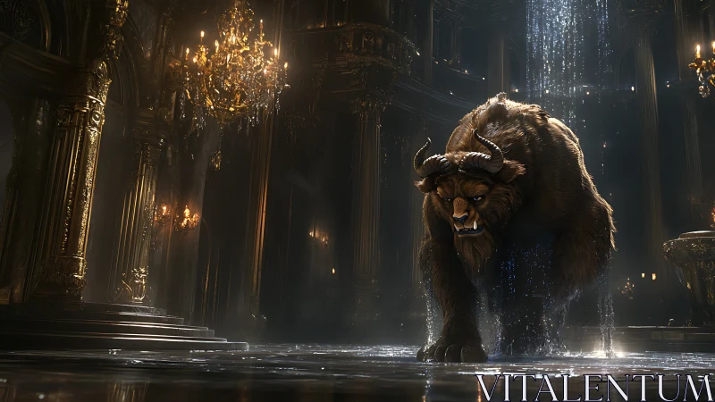 Majestic horned beast pacing through a shimmering grand hall.