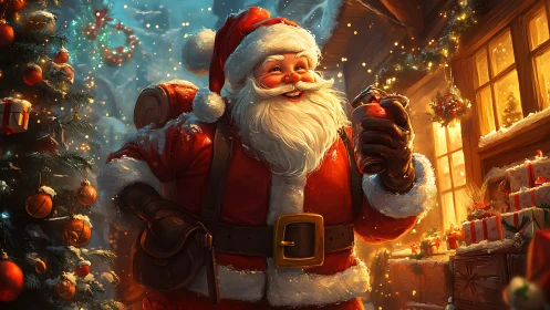 Festive Santa holding cocoa beside glowing Christmas tree.