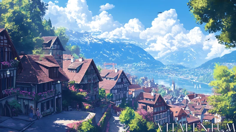 Digital painting of alpine riverside town with layered rooftops.