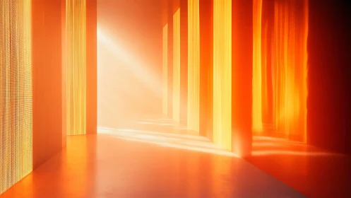 Luminous orange corridor with volumetric light shafts and panels