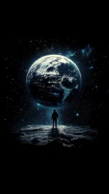 Solitary astronaut under luminous Earth in deep space.