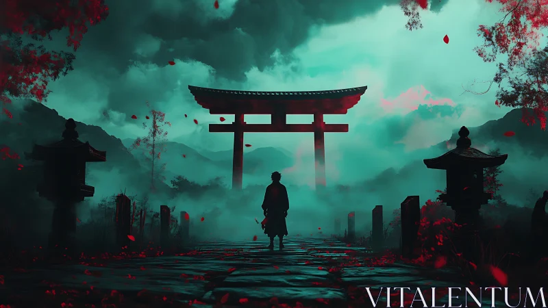 Solitary figure before red torii gate in misted mountain pass.